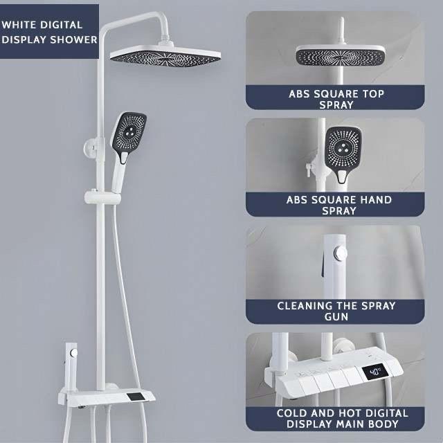 Coloana Dus cu termostat si afisaj de temperatura, alb mat, cu efect de ploaie, 6 functii de curgere