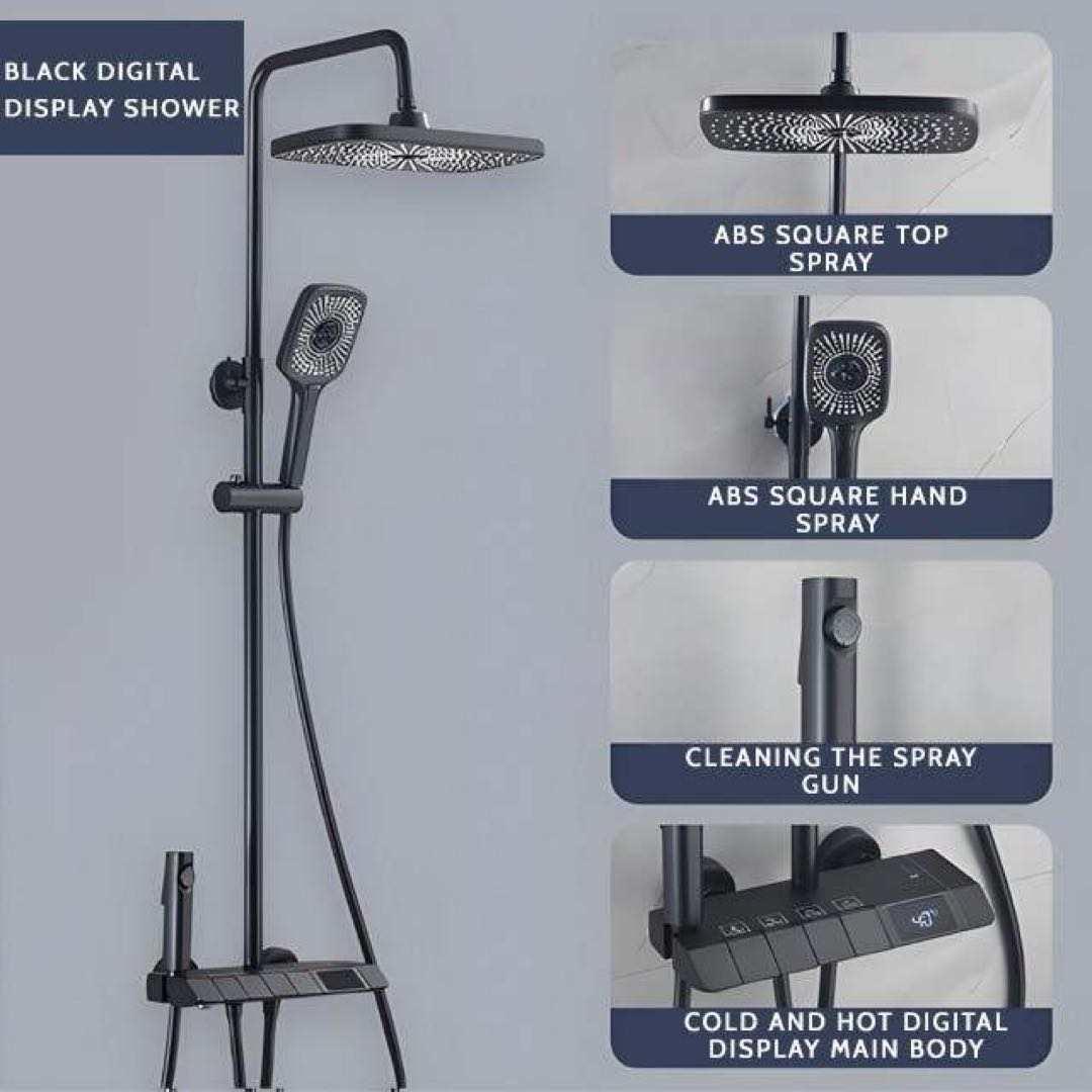 Coloana Dus cu termostat si afisaj de temperatura, negru mat, cu efect de ploaie, 6 functii de curgere